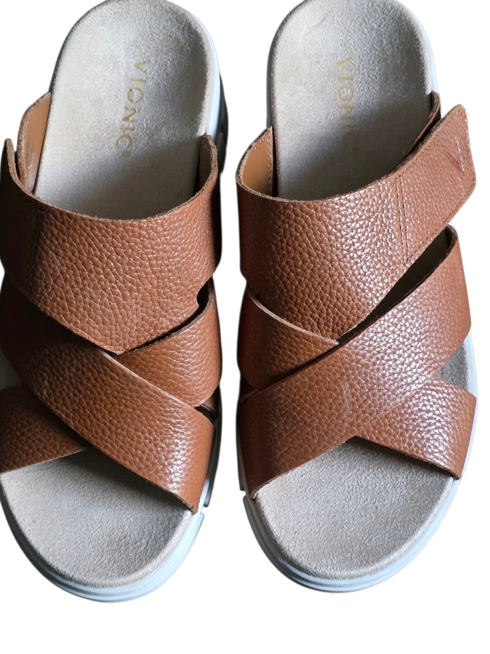 Vionic Uptown Sunset Wedge Sandals Tan Leather Comfort Slide Support Sz 8.5